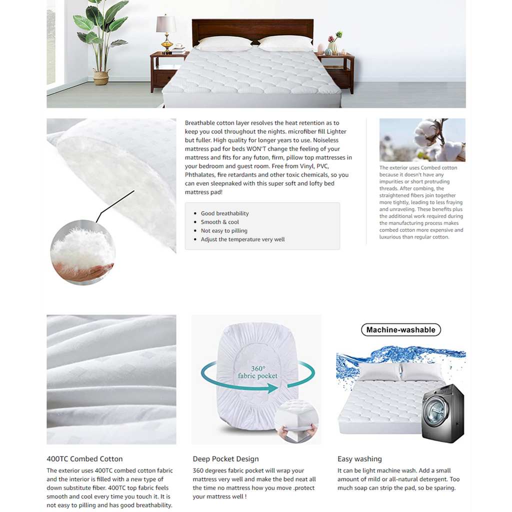 Waterproof Mattress Pad Cover Cooling Mattress Topper Cotton Pillow Top,Queen