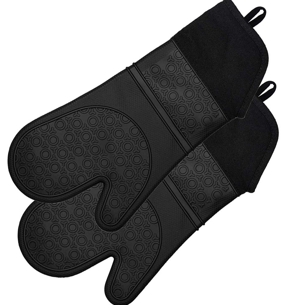 Long Professional Silicone Oven Mitt, Oven Mitts with Quilted Liner, Heat Resistant Pot Holders, Flexible Oven Gloves, Red, 1 Pair, 14.7 Inch - Black