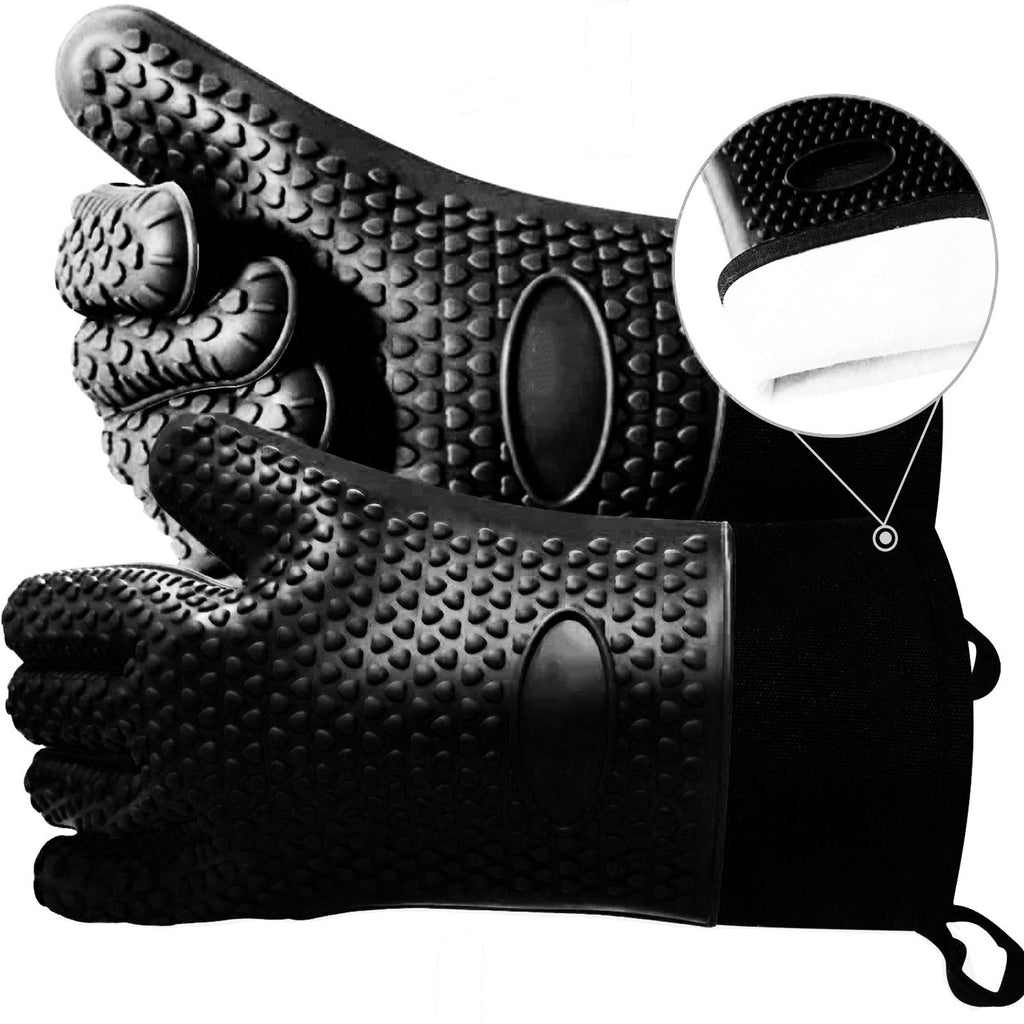 Professional Oven Mitts, Heat Resistant Silicone Oven Gloves , Long Sleeve Waterproof, Fireproof, Food Grade Kitchen Cooking Gloves Barbeque Gloves Great for Kitchen & Outdoor-Black
