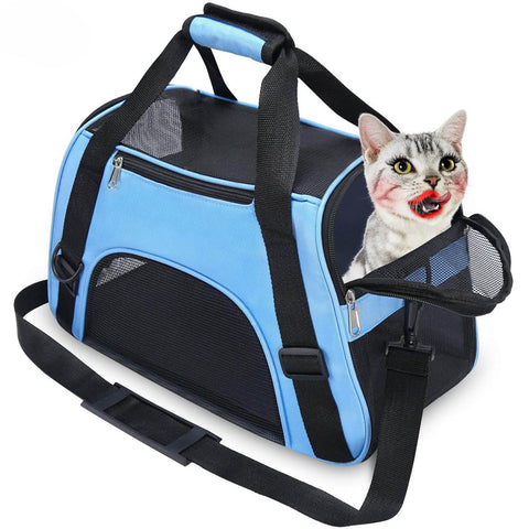 Soft Pet Carrier Airline Approved Soft Sided Pet Travel Carrying Handbag Under Seat Compatibility, Perfect for Cats and Small Dogs Breathable 4-Windows Design (Blue)
