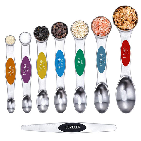 Magnetic Measuring Spoons Set, Dual Sided, Stainless Steel, Fits in Spice Jars (8Pcs-Multicolor)