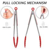 Premium Stainless Steel Locking Kitchen Tongs with Silicon Tips-for Cooking, Serving, Grill, BBQ & Salad \xef\xbc\x88Red)