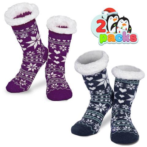 2 Pack Women's Christmas Slipper Socks (Blue & Purple)