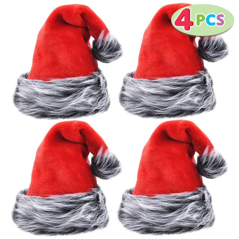 4pcs Deluxe Santa Hats With Red Velvet & Plush Trim