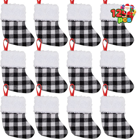 5” White Black Buffalo Plaid Stockings, 12 Pack