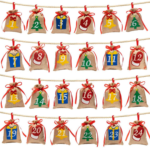 2021 Advent Calendar Linen Bags Garland, 24 Pcs