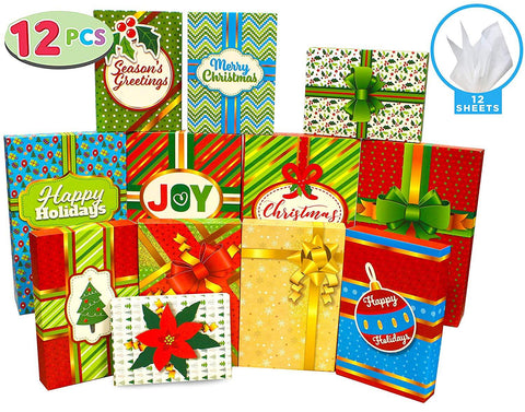 Holiday Multi Color Gift Boxes in 3 Different Sizes, 12 Pcs