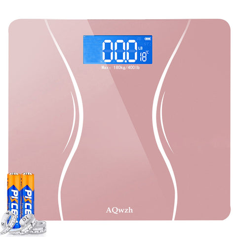 Bathroom Body Weight Scale with Step-On Technology, 400 Lb, Body Tape Measure Included, Pink