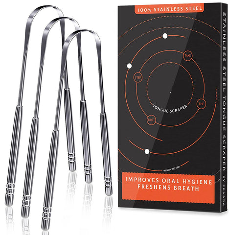 Tongue Scraper, 3 Pack 100% (Medical Grade) Professional Stainless Steel Tounge Scrappers Great for Banishes Bad Breath and Maintains Oral Care, Tongue Cleaner for Adults and Kids