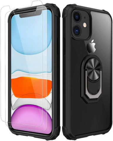 Amuoc iPhone 11 Case,[ Military Grade ] with [ Glass Screen Protector] 15ft. Drop Tested Protective Case | Kickstand | Compatible with Apple iPhone 11 Case 6.1 Inch -Black-iPhone 11