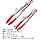 Premium Stainless Steel Locking Kitchen Tongs with Silicon Tips, Set of 2 \xe2\x80\x93 9 inch & 12 inch (Red)
