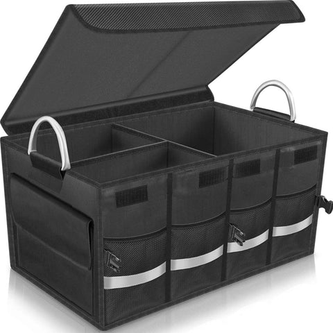 Trunk Organizer Cargo Organizer Trunk Storage Waterproof Collapsible Durable Multi Compartments with Foldable Cover Aluminium Alloy Handle Reflective Strip