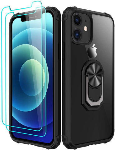 Amuoc Compatible with iPhone 12 Mini case(2020), [ Military Grade ] with [ Glass Screen Protector] 15ft. Drop Tested Protective Case | Kickstand | 5.8 Inch - Black