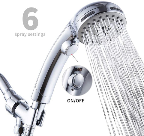 AQwzh High Pressure 6 Setting Shower Head Hand-Held with ON/OFF Switch and Spa Spray Mode - with Hose - Chrome