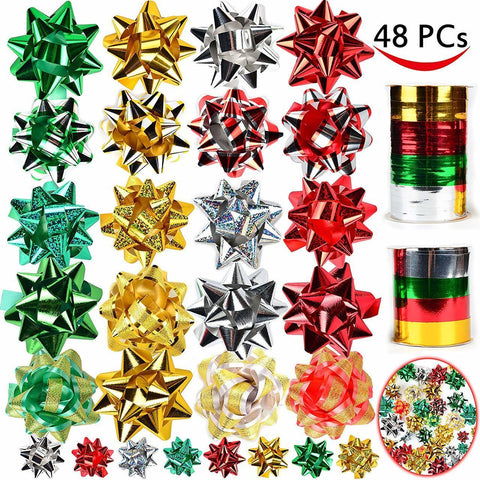Self-adhesive Bows & 8 Rolls Of Christmas Curling Ribbons, 48 Pcs