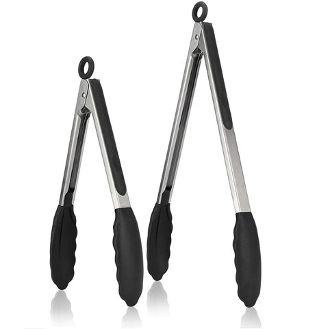 Premium Stainless Steel Locking Kitchen Tongs with Silicon Tips, Set of 2 \xe2\x80\x93 9 inch & 12 inch (Black)