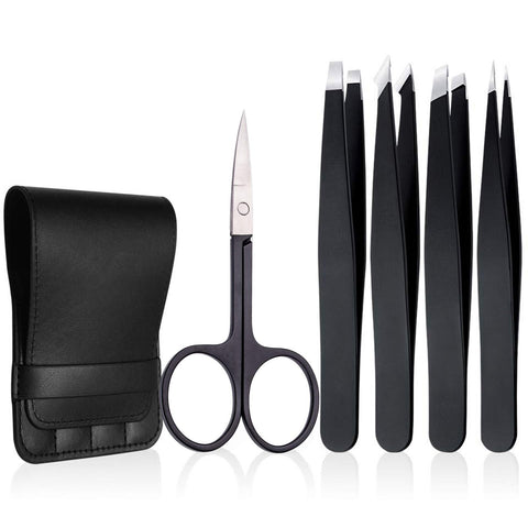 Tweezers Set 5-Piece - Professional Stainless Steel Tweezers with Curved Scissors, Best Precision Tweezer for Eyebrows, Splinter & Ingrown Hair Removal with Leather Travel Case