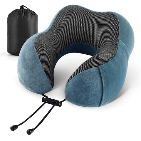 Travel Pillow 100% Memory Foam Pillow, Neck Pillow for Airplane, Neck & Head Support Pillow for Sleeping Rest & Car, Travel Pillows Kit with Storage Bag (Blue)