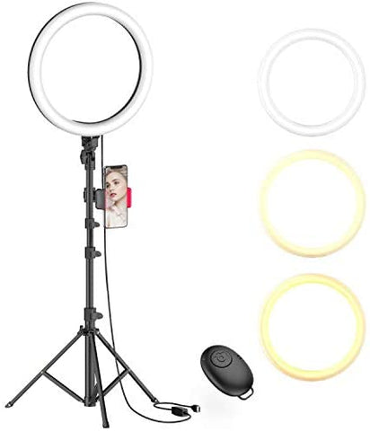 10" Selfie Ring Light with Tripod Stand & Phone Holder for Live Stream/Makeup, Dimmable Led Camera Beauty Ringlight for YouTube TikTok/Photography Compatible with Cell Phone