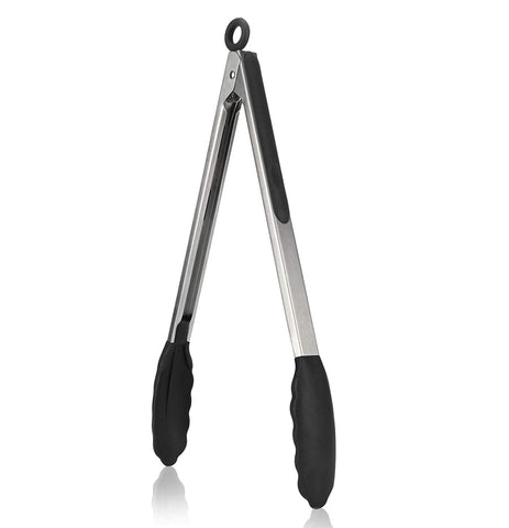 Premium Stainless Steel Locking Kitchen Tongs with Silicon Tips-for Cooking, Serving, Grill, BBQ & Salad \xef\xbc\x88Black)