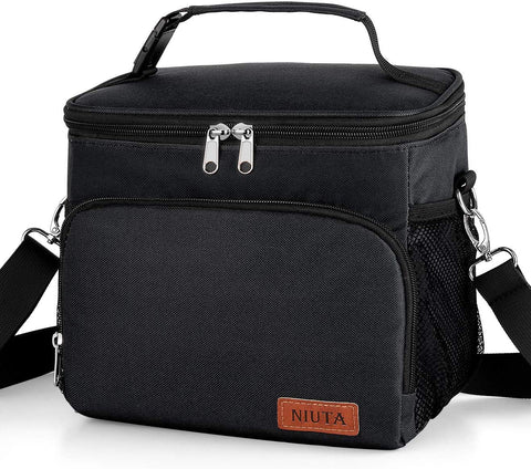 NIUTA Lunch Bag for Women, Men, Leakproof Thermal Reusable Lunch Box for Adult & Kids, Lunch Cooler Tote with Shoulder Strap for Office Work (Black)