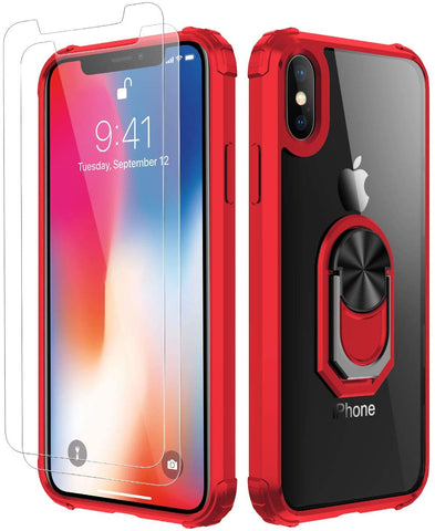 Amuoc iPhone X Case | iPhone Xs Case[ Military Grade ] with [ Glass Screen Protector] 15ft. Drop Tested Protective Case | Kickstand | Compatible with Apple iPhone X Xs -Red