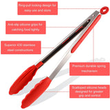 Premium Stainless Steel Locking Kitchen Tongs with Silicon Tips-for Cooking, Serving, Grill, BBQ & Salad \xef\xbc\x88Red)