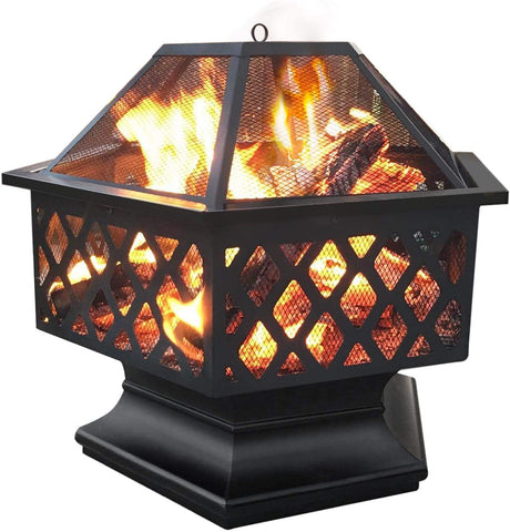 AEDILYS Hexagon Fire Pit Fireplace Portable Firepit Iron Brazier Wood Burning Coal Pit Hex Shaped Fire Bowl Stove with Spark Screen Cover for Outdoor Outside Camping Patio Garden Backyard 24in Black