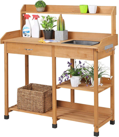 AEDILYS Potting Bench Outdoor Garden Work Bench Station Planting Solid Wood Construction w/Sink Drawer Rack Shelves Natural