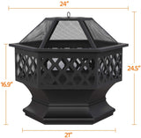 AEDILYS Hexagon Fire Pit Fireplace Portable Firepit Iron Brazier Wood Burning Coal Pit Hex Shaped Fire Bowl Stove with Spark Screen Cover for Outdoor Outside Camping Patio Garden Backyard 24in Black