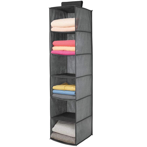 Long Soft Fabric Over Closet Rod Hanging Storage Organizer with 6 Shelves for Clothes, Leggings, Lingerie, T Shirts - Textured Print with Solid Trim - Gray