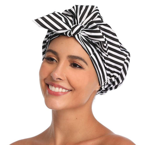 Luxury Shower Cap for Women - Waterproof, Reusable Shower Caps Large Turban for Long Hair or Short Hair,Adjustable for Most Heads Size (Black and White Stripe)