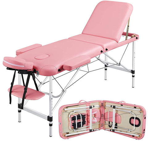 Massage Table Portable Massage Bed 3 Folding 84 Inch Aluminium Frame Lightweight Height Adjustable Salon Spa Table - Pink