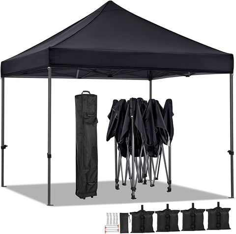 AEDILYS 10x10 Pop up Canopy Tent - Heavy Duty Waterproof Adjustable Commercial Instant Canopy, Camping Canopy with Wheeled Bag, Canopy Sandbags x4, Tent Stakesx4 - Black