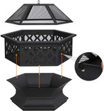 AEDILYS Hexagon Fire Pit Fireplace Portable Firepit Iron Brazier Wood Burning Coal Pit Hex Shaped Fire Bowl Stove with Spark Screen Cover for Outdoor Outside Camping Patio Garden Backyard 24in Black