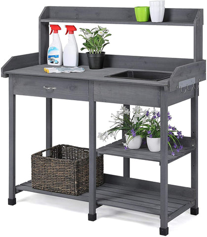 AEDILYS Outdoor Potting Bench Table Potters Benches Garden Work Bench Station Workstation with Drawer/Adjustable Shelf Rack/Removable Sink/Hooks/Pads Gray Solid Wood