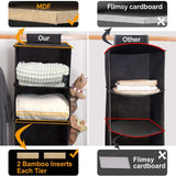 Long Soft Fabric Over Closet Rod Hanging Storage Organizer with 6 Shelves for Clothes, Leggings, Lingerie, T Shirts - Textured Print with Solid Trim - Black