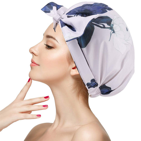 Luxury Shower Cap for Women - Waterproof, Reusable Shower Caps Large Turban for Long Hair or Short Hair,Adjustable for Most Heads Size (Flower)