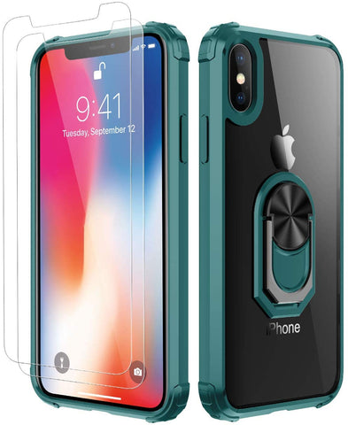 iPhone X Case | iPhone Xs Case, with [ Glass Screen Protector][ Military Grade ] 15ft. Drop Tested Protective Case | Kickstand | Compatible with Apple iPhone X Xs -Dark Green