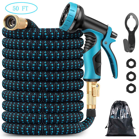 50 FT Flexible and Expandable Garden Hose - Strongest Triple Latex Core with 3/4" Solid Brass Fittings and 8 Function Spray Nozzle, Easy Storage Kink Free Water Hose