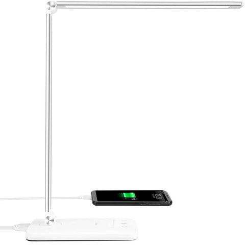 LED Desk Lamp Table Lamp Reading Lamp with USB Port 5 Lighting Modes 5 Brightness Levels, Sensitive Control, 30/60 min Auto Timer, Eye-Caring Office Lamp,Folding LED Desk Lamp (Silver)