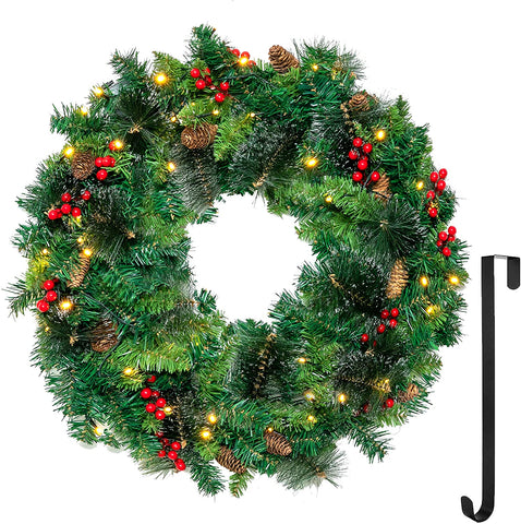 AEDILYS 24” Artificial Christmas Wreath Prelit with 15” Hanger, Xmas Wreath with 50 LED Lights, Front Door Wall Christmas Decorations