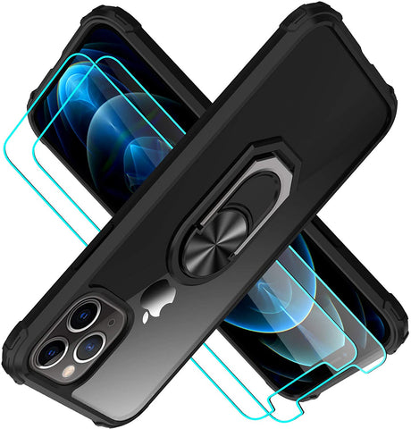 Amuoc Compatible with iPhone 12 pro max case(2020), [ Military Grade ] with [ Glass Screen Protector] 15ft. Drop Tested Protective Case | Kickstand | 6.7 Inch - Black