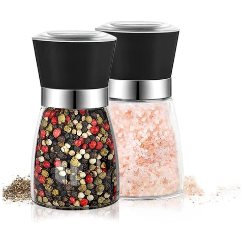 2PCS Salt and Pepper Shakers Grinders Set Adjustable Coarseness Mills Glass Material to Refill Sea Salt Small Peppercorn Black Pepper Fits in Home Kitchen Barbecue Party pepper
