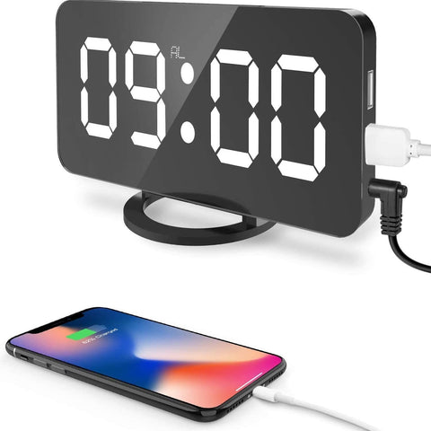 Alarm Clock,6" Large LED Display with Dual USB Ports | Auto Dimmer Mode | Easy Snooze Function, Modern Mirror Desk Wall Clock for Bedroom Home Office for All People-Black
