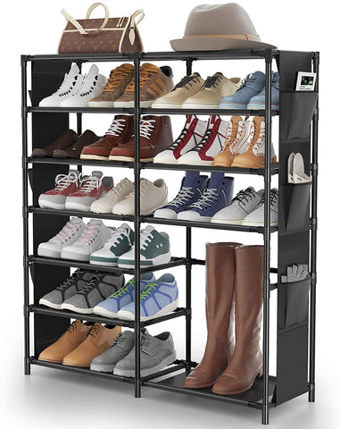 7-Tier Shoe Rack Shoe Shelf Organizer,24-30 Pairs Shoes and Boots Storage Organizer Metal Shoe Tower with Side Hanging Shoe Pockets for Entryway,Closet and Bedroom