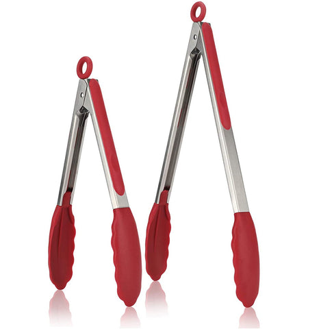 Premium Stainless Steel Locking Kitchen Tongs with Silicon Tips, Set of 2 \xe2\x80\x93 9 inch & 12 inch (Red)
