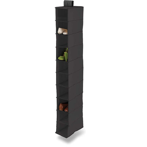 Soft Fabric Closet Organizer - Holds Shoes, Handbags, Clutches, Accessories - 10 Shelf Over Rod Hanging Storage Unit - Textured Print- Black