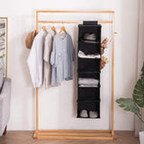 Long Soft Fabric Over Closet Rod Hanging Storage Organizer with 6 Shelves for Clothes, Leggings, Lingerie, T Shirts - Textured Print with Solid Trim - Black
