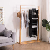 Long Soft Fabric Over Closet Rod Hanging Storage Organizer with 6 Shelves for Clothes, Leggings, Lingerie, T Shirts - Textured Print with Solid Trim - Black